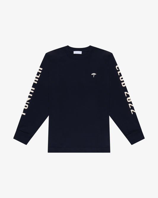 T-shirt blu a maniche lunghe con stampa su maniche e retro